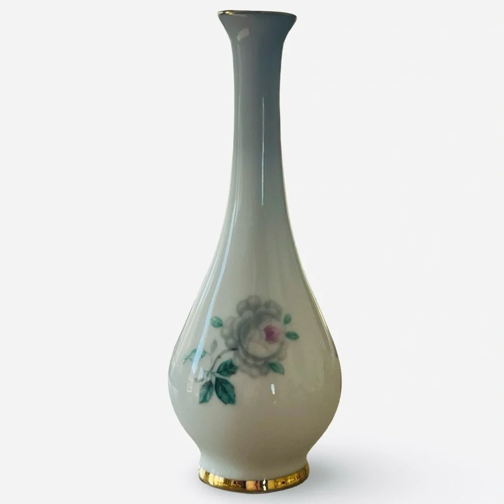 Limoges France Porcelain White Floral Gold Trim Mini Vase Vanity Decor